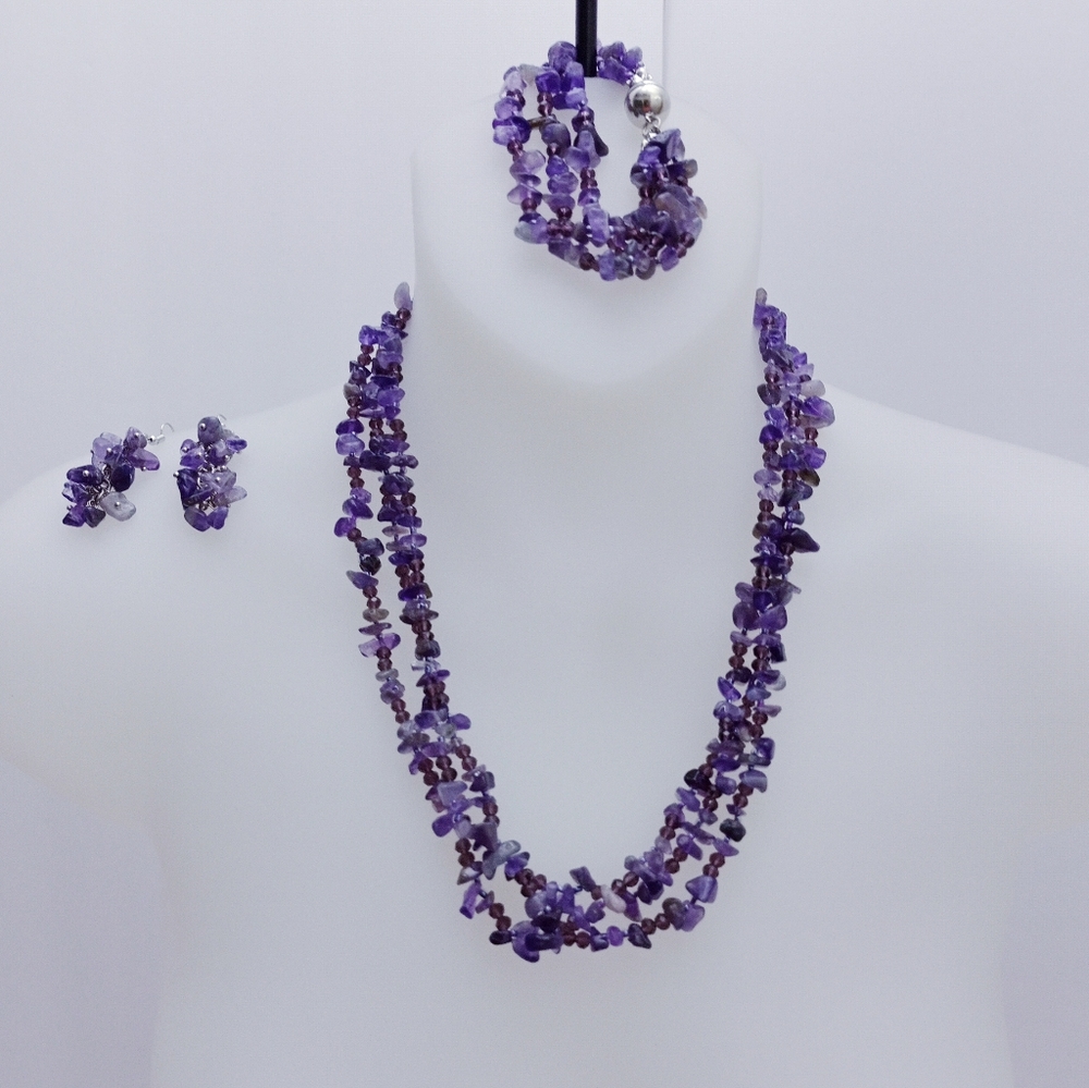 NEW Multi-Strand Amethyst Necklace, Bracelet & Earrings Set